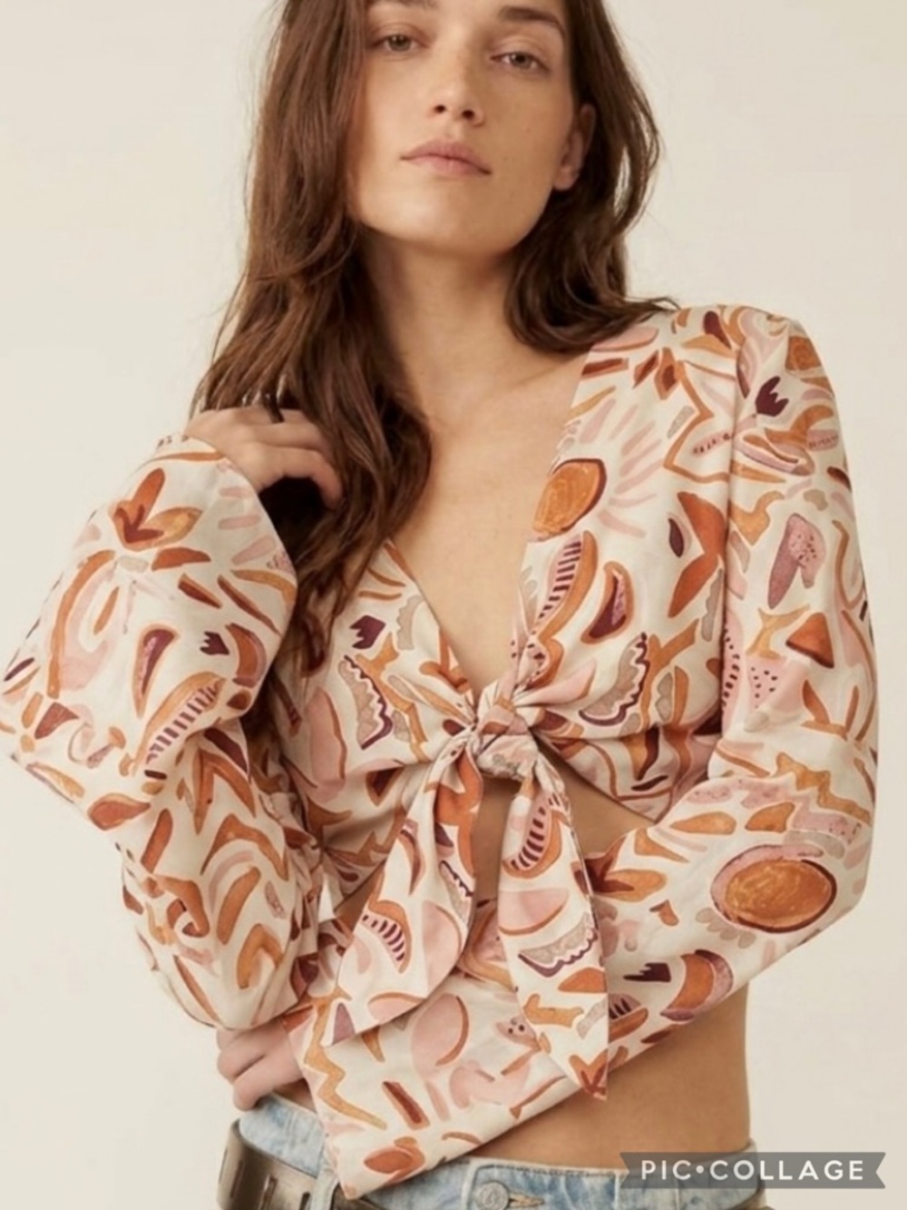 Nasty Gal Coral Beige Low V-Neck Flared Sleeves Tie Front Crop Top 6 Boho Chic